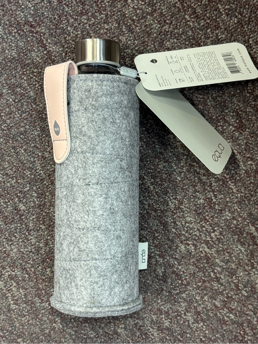 Equa glass water bottle Gray Felt Bottle Sleeve with Pale Pink Strap